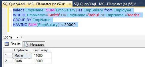 HAR SQL: beskrivning, syntax, exempel